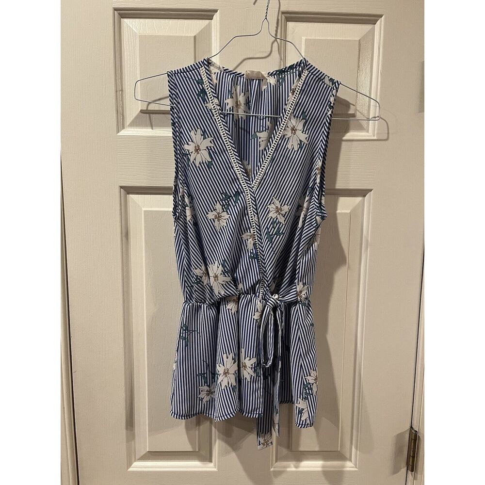 Sienna Sky sz M Ladies dressy top polyester blue white stripe crochet tie floral